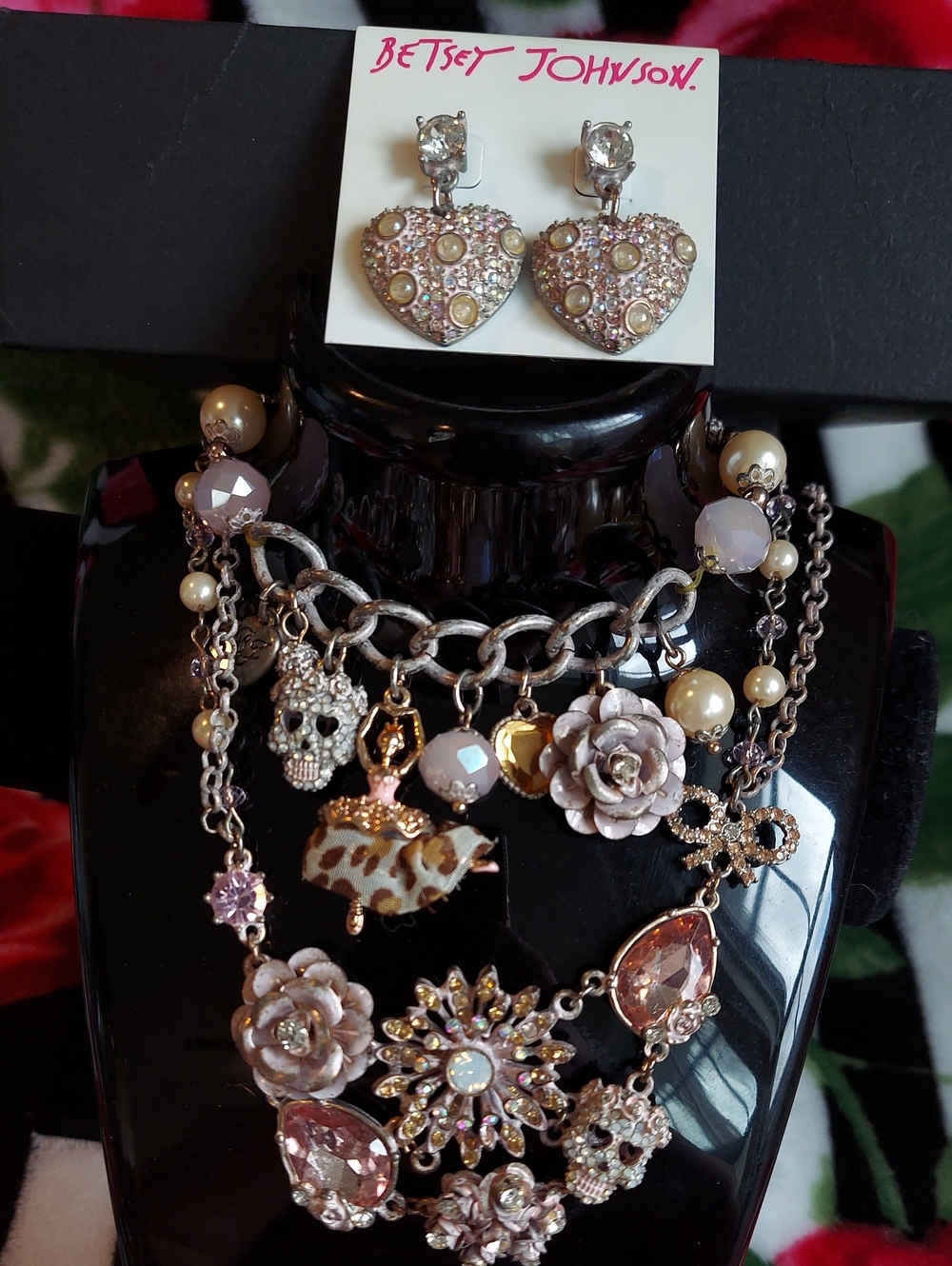 Betsey Johnson Vintage Pink Multi-Charm  Necklace, Bracelet, Earring Set